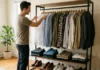 How to Build a Versatile Wardrobe with Shirts Man choosing a shirt from a rack of shirts, jeans and shoes in a bedroom wardrobe