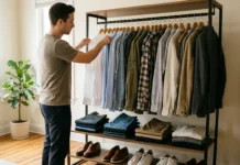 How to Build a Versatile Wardrobe with Shirts Man choosing a shirt from a rack of shirts, jeans and shoes in a bedroom wardrobe