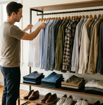 How to Build a Versatile Wardrobe with Shirts Man choosing a shirt from a rack of shirts, jeans and shoes in a bedroom wardrobe