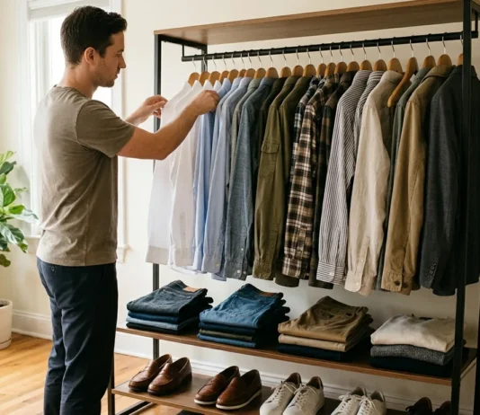 How to Build a Versatile Wardrobe with Shirts Man choosing a shirt from a rack of shirts, jeans and shoes in a bedroom wardrobe