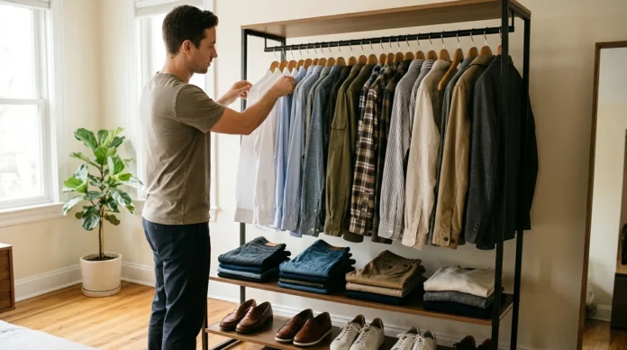 Man choosing a shirt from a rack of shirts, jeans and shoes in a bedroom wardrobe